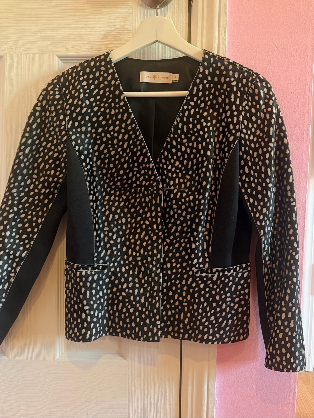 Tory Burch Black & Cream Printed V-Neck Real Fur Jacket